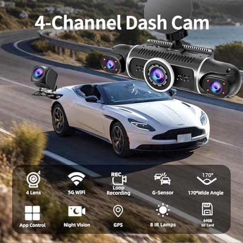360° Dash Cam Front and Rear View 4 Channel Dash Camera FHD 2K+1080Px3 for Car, Inside/Back 170°+2x150°+170° Wide Angle, 8 IR Lamps Night Vision,WiFi,GPS, APP,G-Sensor with 64GB Card,24/7 Parking Mode 2