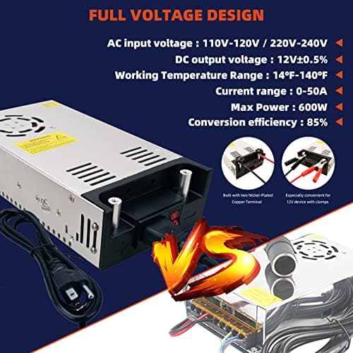 Yaheeda New Version Converter, 110V AC to 12V DC Converter Power Supply 12V 600W 50A DC Switch Transformer for RV,Pump,LED Strip, LCD Monitor 4