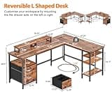 Furologee 66” L Shaped Desk with Power Outlet, Reversible Computer Gaming Desk with File Drawer & 2 Monitor Stands for Home Office with Storage Shelves, Rustic Brown 3