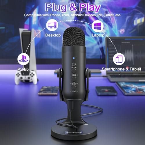 ZealSound USB Microphone,Condenser Computer PC Mic,Plug&Play Gaming Microphones for PS 4&5.Headphone Output&Volume Control,Mic Gain Control,Mute Button Vocal,YouTube Podcast on Mac&Windows(Black) 2