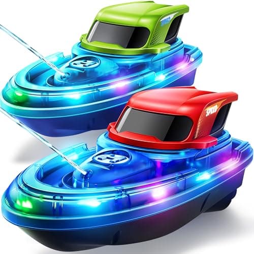SYMA RC Boats 2 Pack for Kids 8-12, Remote Control Boat for Pool with LED Lights, 40 Mins Playtime (2 Batteries) & One-Key Water Spray, Summer Gifts Toys for Boys and Girls