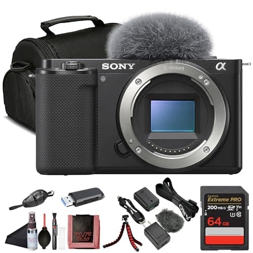 Sony ZV-E10 Mirrorless Digital Camera Body (ILCZV-E10) – 24.2 MP APS-C Sensor, 4K Video, Vari-Angle Screen w/ 64GB Memory Card + Bag + Card Reader + HDMI Cable + Flex Tripod and More