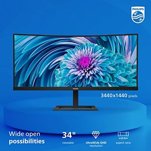 Philips 346E2CUAE 34'' Curved Frameless UltraWide QHD 3440x1440,100Hz 1ms MPRT, sRGB 121%, USB-C Charging, MultiView PIP/PBP, Height Adjustable, 4Yr Advance Replacement 3