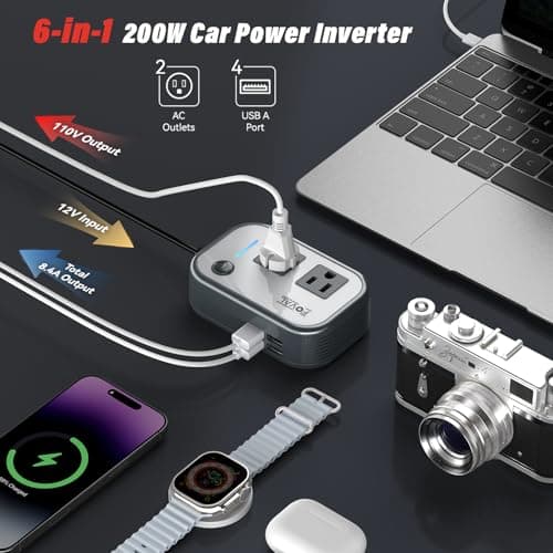 200W Car Power Inverter, FOVAL 12V DC to 110V AC Car Inverte with 4 USB Ports Car Outlet Adapter, Power Inverter for Vehicles, Car Plug Adapter Outlet for Laptop Computer Charger (Gray) 5