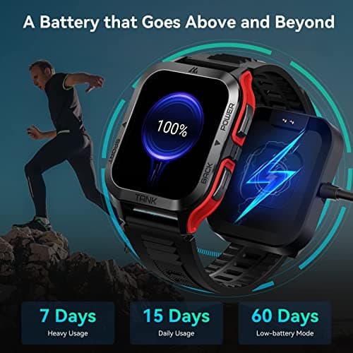AMAZTIM Smart Watch, 60 Days Extra-Long Battery, 50M Waterproof, Rugged Military Bluetooth Call(Answer/Dial Calls), 1.85" Ultra Large HD Display, AI Voice Assistant, Compatible for Android and iOS-Red 4