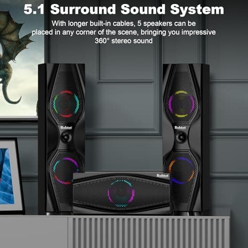 Bobtot Surround Sound Systems Home Theater System - 1200 Watts Peak Power 10" Subwoofer 5.1/2.1 Wired Audio Stereo Speakers Strong Bass with HDMI ARC Optical AUX Bluetooth Input 5