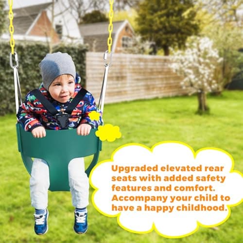 High Back Full Bucket Toddler Swing Seat with 3- Point Adjustable Safety Harness, 66 inch Detachable Chain,Suitable for Babies Aged 6-24 Months，Baby Swing for Swingset (Green) 5