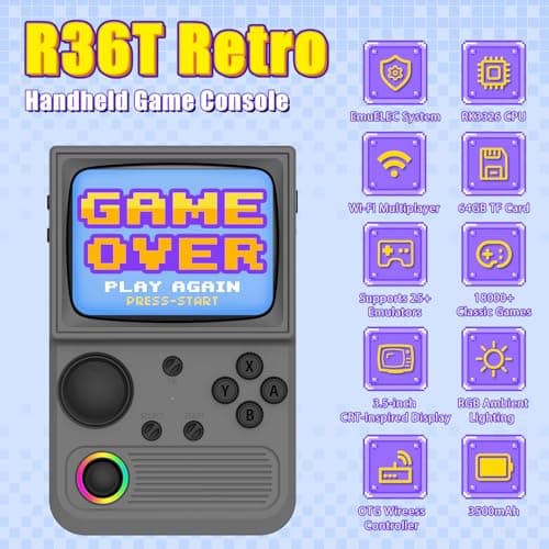 R36T Retro Gaming Console, 3.5'' IPS Screen CRT-Inspired, Handheld Game Console with 18000+ Classic Games Supports WiFi Networked Fighting and OTG, 3500mAh Battery, with Portable Case(Grey 64GB) 2