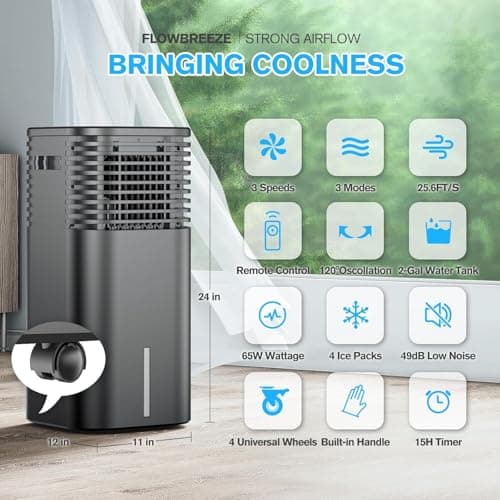 Windowless Portable Air Conditioner, 15H Timer & 120°Oscillation, 3-IN-1 Portable AC Unit with Remote, 2-Gal Tank, 3 Modes & 3 Speeds, Ultra-Quiet 24" Ventless Swamp Cooler for Room Home Office 3
