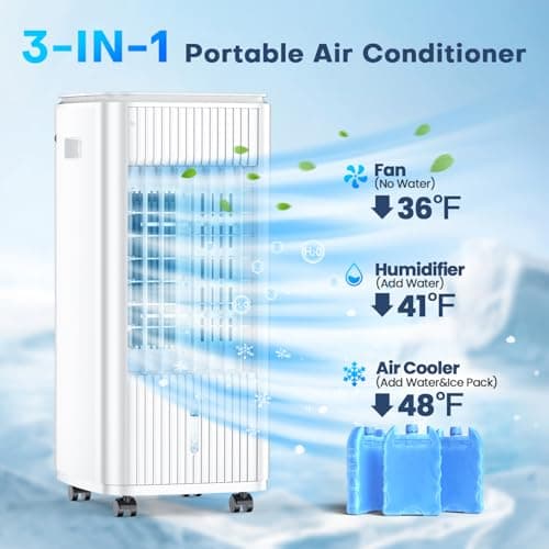 MYICY 3-IN-1 Windowless Air Conditioner w/Double Tanks, Smart Timer, 3 Ice Packs, 60W Evaporative Air Cooler, 70° Oscillation, 3-Speed 25-INCH Swamp Cooler Air Conditioner Portable for Room 2