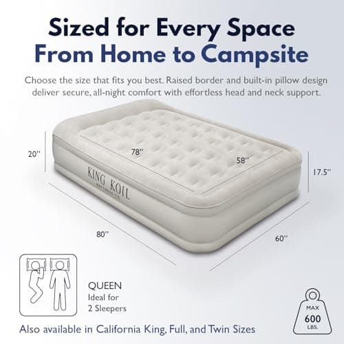 King Koil Luxury Built-in Pillow Top Queen Air Mattress with Built-in High-Speed Pump Best for Home, Camping, Guests, 20" Queen Size Double High Airbed, Blow Up Mattress, Waterproof, 1-Year Warranty 2