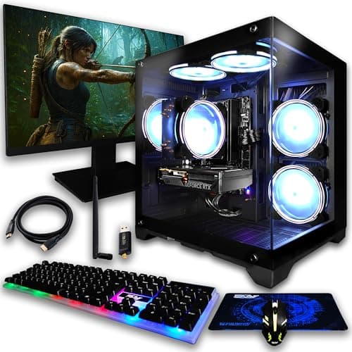 SAAV X12 2025 Gaming PC Tower Computer, AMD Ryzen 7 5800X 4.7GHz, Radeon RX 9060 XT 16GB GDDR6, 22 inch Monitor, 32GB DDR4, 1TB NVMe SSD, WIFI 6 Bluetooth Windows 11, RGB Prebuilt Desktop Bundle Black