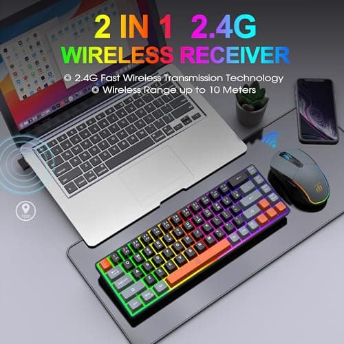 Snpurdiri 60% Wireless Gaming Keyboard and Mouse Combo,Rainbow Backlit Rechargeable 2000mAh Battery,Mini Mechanical Feel Keyboard + Popular RGB Mice for Gaming,Business Office(Gray-Black-Orange) 2