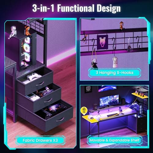 PRAISUN 61.7" Gaming Desk with LED Lights & Outlets, Computer Desk with 3 Fabric Drawers, PC Desk with PC Case Stand & Movable Storage Shelves, Monitor Stand, Reversible, Carbon Fiber Black 4