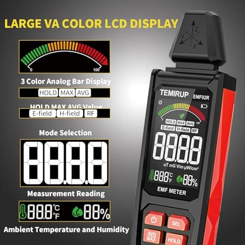 EMF Detector, TEMIRUP 5 in 1 Handheld EMF Meter Radiation Detector, Detects EF, RF, MF, WiFi Signal,Temperature, Humidity, Rechargeable EMF Reader with Large Color LCD for Home, Office, Ghost Hunting 4