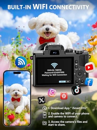 8K Digital Camera, 88MP WiFi Cameras for Photography with 3.2" Touchscreen, 16X Zoom Autofocus Vlogging Camera for YouTube Video, Anti-Shake, Dual Camera, 2 Batteries, 64GB Card, Flash, Lens Hood 3