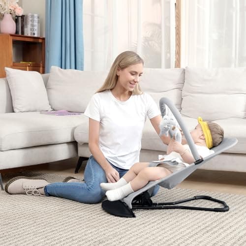 HKAI Baby Bouncer, Portable Baby Bouncer Seat for Babies 0-18 Months, 100% Cotton Fabrics, 3 Modes of use with Rocker and Stationary Options, Infant Rocker Chair with Hanging Toys-Light Grey 2