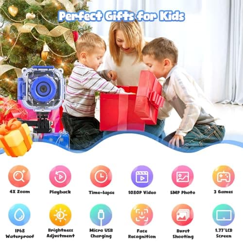 PROGRACE Kids Waterproof Camera - Birthday for 3-12 Year Old Boys 1080P HD Underwater Video Camera for Kids Pool Toys Toddler Digital Cameras with 32GB SD Card Blue 4