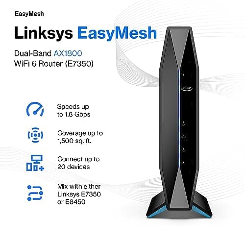 Linksys AX1800 Wi-Fi 6 Router Home Networking, Dual Band Wireless AX Gigabit WiFi Router, Speeds up to 1.8 Gbps and coverage 1,500 sq ft, Parental Controls, maximum 20 devices (E7350) 2