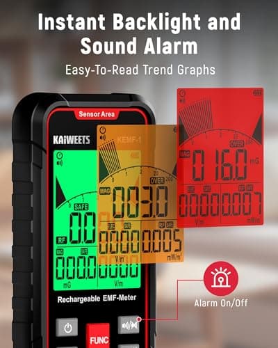 KAIWEETS EMF Detector, 3-in-1 Handheld EMF Meter Detects EF, RF, MF, WiFi Signal, Rechargeable Radiation Detector with 3 Color Backlight and Sound Alarm, Suitable for Home, Office, Ghost Hunting 3