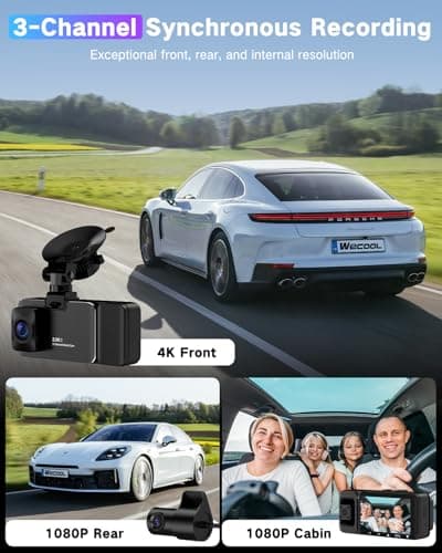 WECOOL 3 Channel Dash Cam Front and Rear Inside, 4K Ultra HD & 470° Wide-Angle Full-View Dash Camera for Cars with 64GB Card, 24H Parking Monitor, G-Sensor, Loop Recording, Night Vision, 5GHz WiFi 2