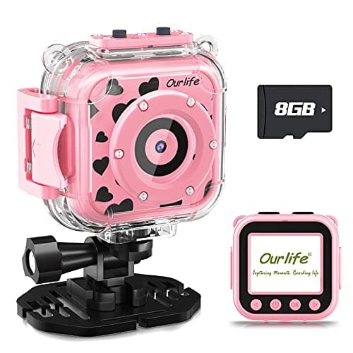 Ourlife Kids Waterproof Camera, Kids Camera for 13+ Year Old Boys Girls Christmas Birthday Gifts for Kids Underwater Sports Camcorder 1.77 Inch Screen with 8GB Card (Pink) 3