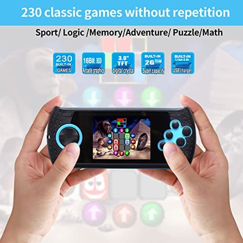 16 Bit Handheld Game for Kids Built-in 230 HD Classic Retro Video Games USB Rechargeable 3.0 Inch Childrens Travel Electronics Toys Portable Gaming Player System Gift for Boys Girls Ages 4-8-12 3