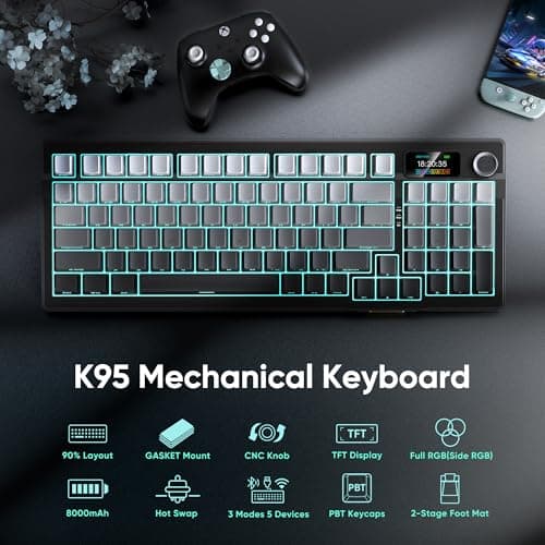RedThunder K95 Wireless Mechanical Keyboard,TFT Screen & Knob, Trip-Modes Connection, Gasket Custom Hot-Swap Keyboard, RGB Backlit, Pre-lubed Linear Switches, Side Printed PBT Keycaps, Gray Gradient 2