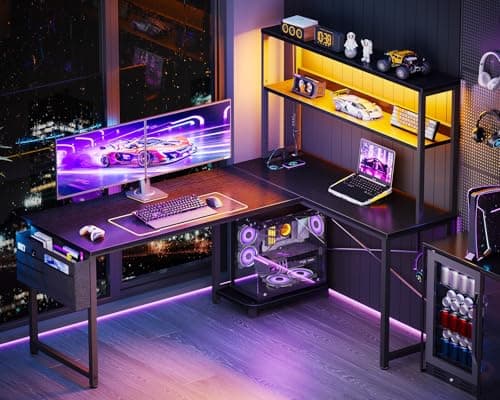 ODK 53 Inch L Shaped Desk with LED Lighting, Reversible Gaming Desk with Power Outlets, Cornor Computer Table with Storage Shelves & Bag & Iron Hook, Home Office Table for Writing, Study, Black 2