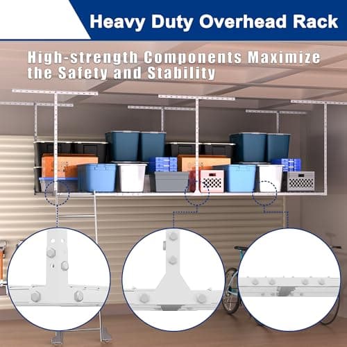GIOTORENT 3x8FT Heavy Duty Overhead Garage Storage Rack - Adjustable Ceiling Shelving with 600lbs Weight Capacity, Metal Garage Organization System, White 4
