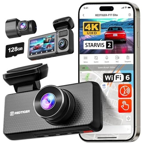 REDTIGER F17 Elite 4K Dash Cam 3 Channel, STARVIS 2 IMX678 & IMX675, Front and Rear Inside Car Camera for Cars, 128GB Card, Full Color Night Vision, 5.8GHz WiFi GPS, HDR, Touchscreen