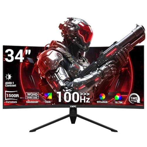 YXPC 34 inch Curved Ultrawide Computer Gaming Monitor 100Hz,UWQHD 3440x1440,1500R,1ms (MPRT),HDR, 300nits, sRGB99%,FreeSync,HDMI2.0(TMDS) x2,DP1.4 x2,Eye Care，VESA（75 * 75mm）