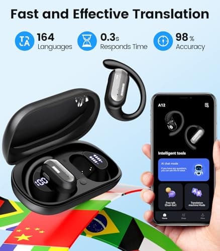 AI Translation Earbuds Real Time 164 Languages Translator Ear Buds Audifonos Traductores Inglés Español 4-in-1 Wireless Headphones Bluetooth Earphones for Travel Business Meeting Learning Black 3
