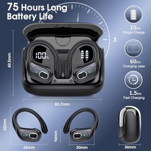 Wireless Earbuds 75hrs Bluetooth 5.4 Headphone Sport, 2025 Bluetooth Earbuds Stereo Deep Bass Over Ear Bud with Earhooks, ENC Noise Cancelling Mic, IPX7 Waterproof Earphone for Workout/Running 3