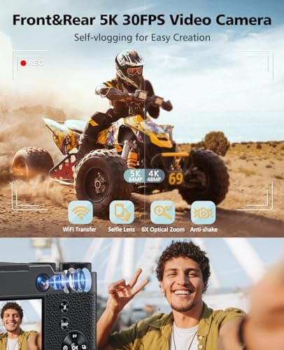 Digital Camera, 6X Optical Zoom & WiFi, 5K 30FPS 64MP Vlogging Camera, Rear and Front Cameras for Photography and Video, Autofocus & Anti-Shake, Travel Selfie for YouTube with Flash Dial 64GB Card 2