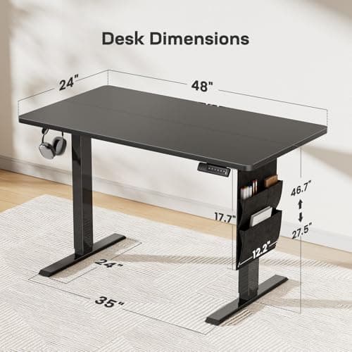 Marsail 48x24 Electric Standing Desk - Adjustable Height Computer Desk with Memory Presets, Storage Bag & Cable Management for Home Office & Gaming Workstations 2