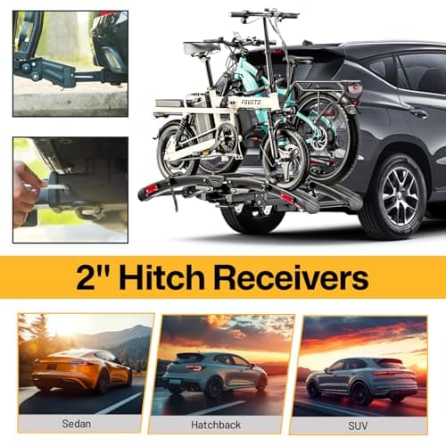 Favoto Electric Bike Rack with Ramp - Foldable Hitch Mounted EBike Carrier for SUV, Truck, RV, Tiltable Heavy Duty Rack Fits 2" Receiver, Holds 200 lbs, Fits Fat Tires up to 4" 5