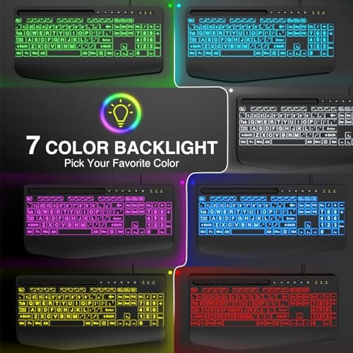 SABLUTE Large Print Backlit Keyboard, Wired USB Computer Keyboards with 7-Colors Backlight, Wrist Rest, Phone Holder, Oversized Letter Keys Easy to See and Type for Laptop, PC, Windows, Black 4