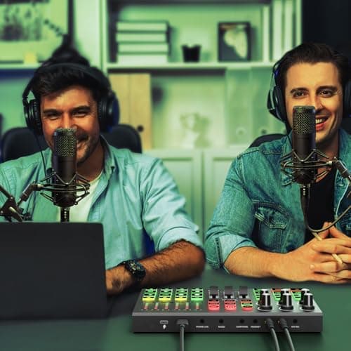 Hayner-Seek Podcast Equipment Bundle for 2, All-Metal Audio Interface DJ Mixer with Podcast Microphone,Voice Change,48V for Podcast, Streaming, TikTok, YouTube, PC, Smartphone (V1) 2