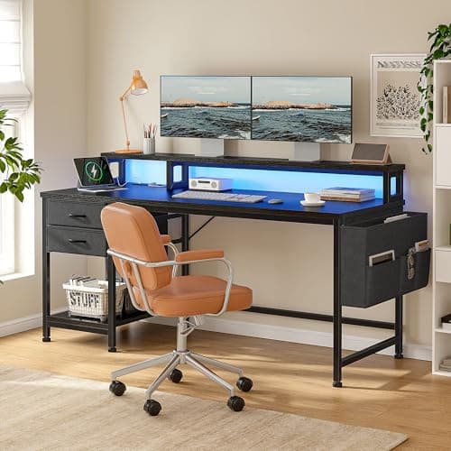 DurayLoly 48" Computer Desk with Drawers & Storage Bag, Gaming Desk with Power Outlets and LED Lights, Office Desk with Monitor Stand for Bedroom Gaming Room, Study Work Home Office, Black 5