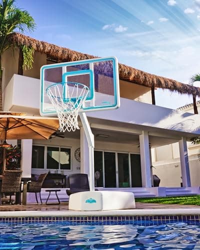 Dunn-Rite Splash & Shoot Outdoor Adjustable Height Swimming Pool Basketball Hoop w/Ball, Base, & 18 Inch Stainless Steel Rim, Made in USA, Clear 2