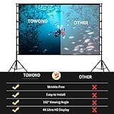 TOWOND Projector Screen and Stand, 150 inch Indoor Outdoor Projection Screen, Portable 16:9 4K HD Rear Front Movie Screen with Carry Bag Wrinkle-Free Design for Home Theater Backyard Cinema 2