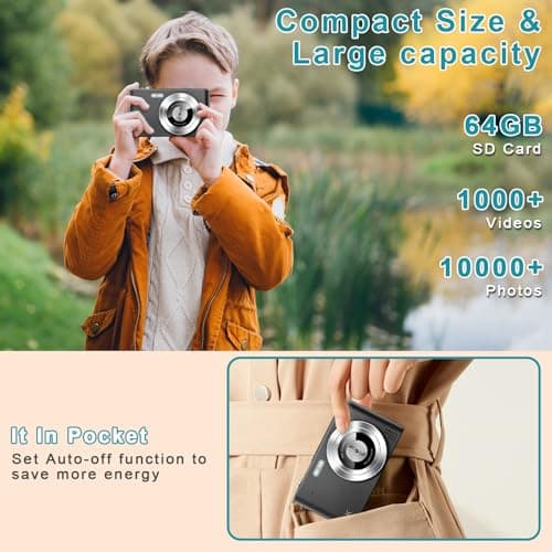 Digital Camera, Camera for Kids, UHD 4K 48MP Point and Shoot Digital Cameras with 64GB SD Card and 16X Digital Zoom Anti Shake, Compact Portable Small Gift for Boys Girls Students, Black 4
