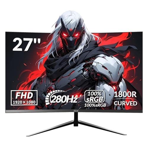 ZZA 27" Curved Gaming Monitor, 280Hz FHD 1080P, 1800R VA Panel, 100% sRGB, AMD FreeSync, 1ms MPRT, Esports Ready Display, Flicker-Free, HDMI & DP, VESA Mount - Black