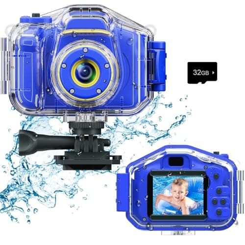 DEKER Kids Waterproof Camera, Christmas Birthday Gifts for Boys Girls Toys 3-12 Year Old, Underwater Mini Children HD Digital Action Camcorder, 2 Inch IPS Screen with 32GB Card (Dark Blue)