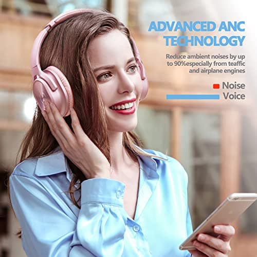 ZIHNIC Active Noise Cancelling Headphones, 40H Playtime Wireless Bluetooth Headset with Deep Bass Hi-Fi Stereo Sound,Comfortable Earpads for Travel/Home/Office (Rose Gold) 4