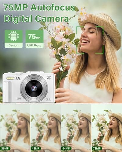 5K Digital Camera for Photography, 75MP WiFi Vlogging Camera for YouTube with 3" 180° Flip Screen, 18X Zoom UHD Autofocus Video Camara with 32GB SD Card 2