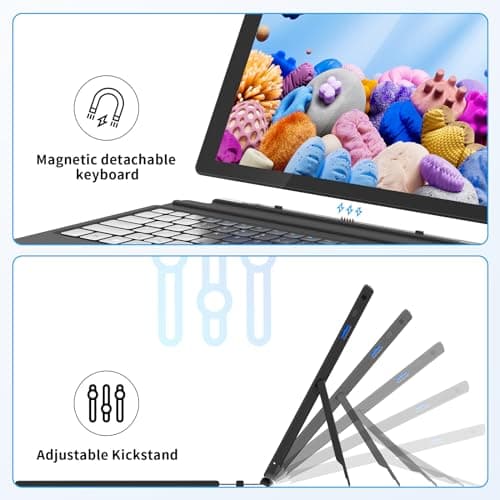 AWOW 10.1" 2-in-1 Windows Tablet with Keyboard, Intel N100 Processor, 12GB DDR5 RAM, 256GB Storage, Detachable Touchscreen Laptop, Windows 11, Dual-Band WiFi, Bluetooth, USB 3.0, HDMI, Dual Cameras 3