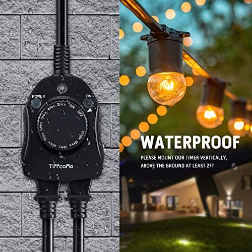 TiFFCOFiO Outdoor Timer Outlet, Dusk to Dawn Light Sensor Timer Weatherproof, 2 Grounded Outlets for Halloween and Christmas Lights, 15A 1/2HP, ETL Listed 4