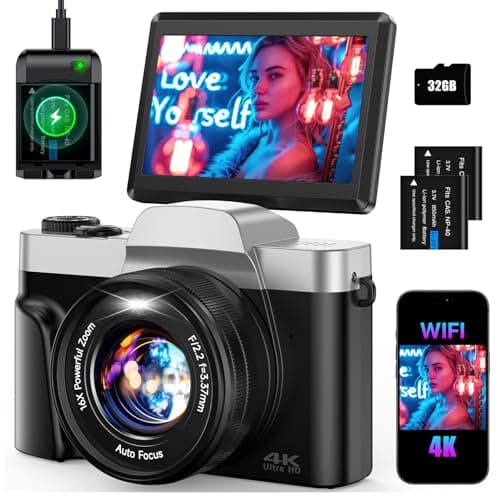4K Digital Camera for Photography 64MP WiFi Vlogging Camera for YouTube Autofocus 3" 180° Flip Screen 16X Zoom Compact Travel Cameras with Anti-Shake, SD Card, 2 Batteries & Battery Charger